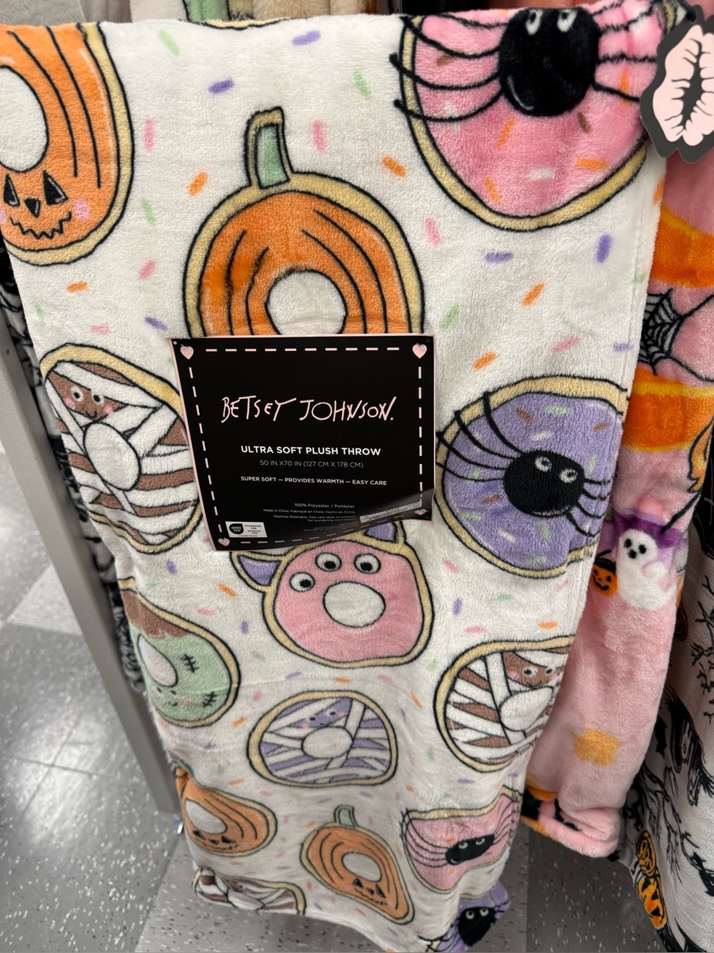 Betsey Johnson White Plush Halloween Donut & Pumpkin Throw